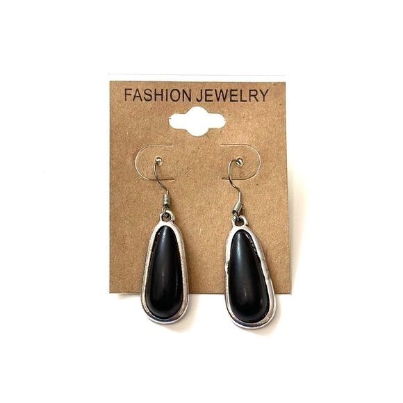⭐️ 5 for $25 Semi-precious Stone Teardrop Black & Silver Hoop Fashion Earrings - Picture 5 of 6